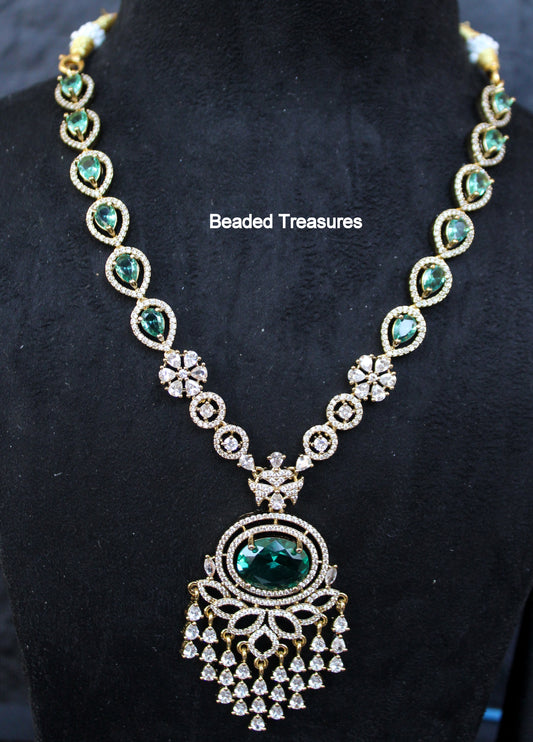 Elegant AD Stone Emerald Pendant Necklace Set with Earrings - Beaded Treasures