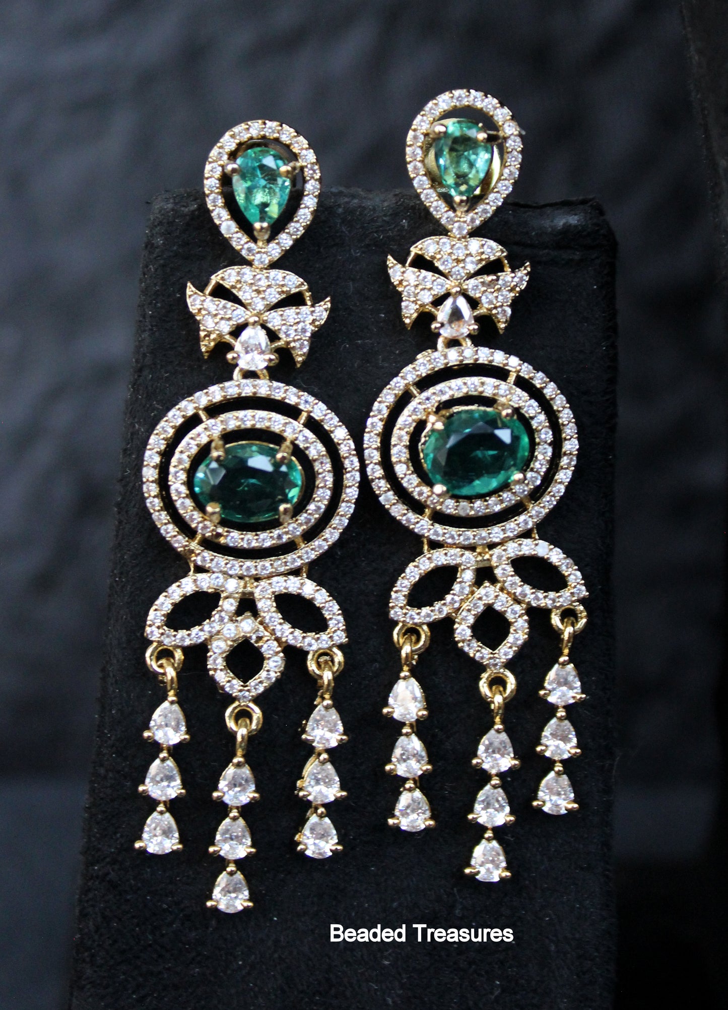 Elegant AD Stone Emerald Pendant Necklace Set with Earrings - Beaded Treasures