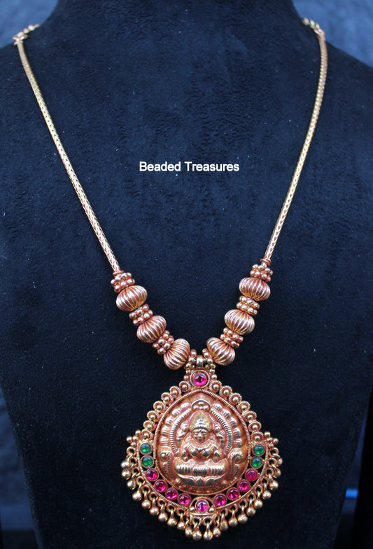 Premium Quality Gheru Finish Lakshmi Pendant Designer Necklace - Beaded Treasures