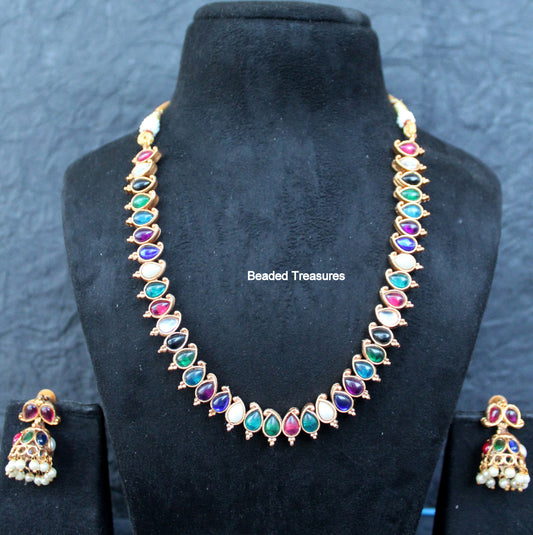 Yashwasi Multi-Color Stone Necklace with Jhumka Earrings - Beaded Treasures