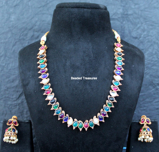 Yashwasi Multi-Color Stone Necklace with Jhumka Earrings - Beaded Treasures
