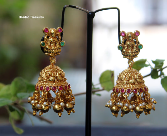 Lakshmi Devi Jhumka Earrings with Kemp Stones & Pearls - Beaded Treasures