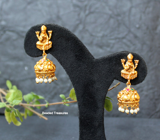 Matte Gold Finish Lakshmi Devi Jhumka Earrings with Kemp Stones & Pearls - Beaded Treasures