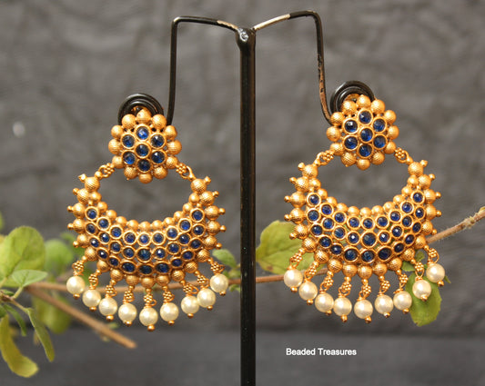 Antique Gold Finish Blue Stone Bali Earrings with Pearls - Beaded Treasures