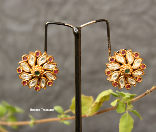 Matte Gold Plated Kundan Earrings with Kemp & Emerald Accents - Beaded Treasures