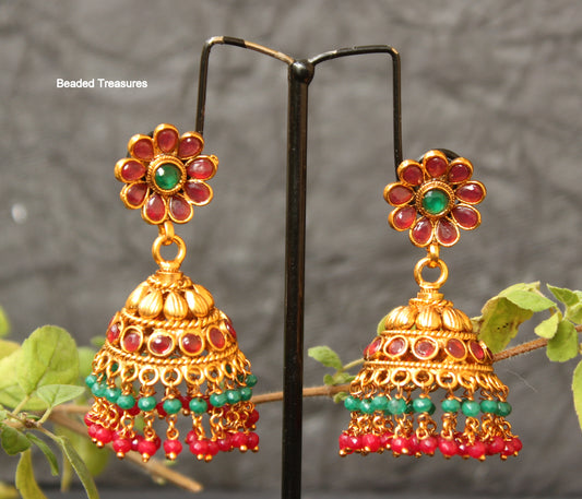 Traditional Kemp & Emerald Stone Jhumka Earrings - Beaded Treasures