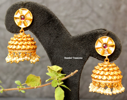 Elegant Kundan Jhumka Earrings with Ruby Accent & Pearls - Beaded Treasures