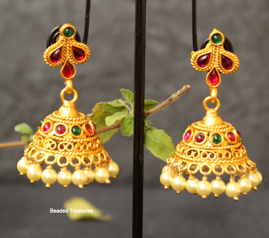 Fancy Kemp & Emerald Stone Jhumka Earrings with Pearl Drops - Beaded Treasures