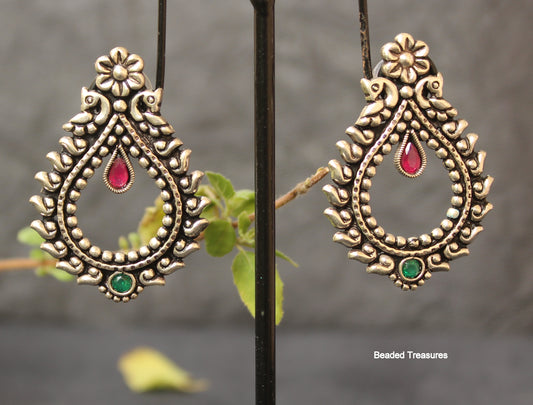 Oxidized German Silver Teardrop Earrings with Kemp & Emerald Accents - Beaded Treasures