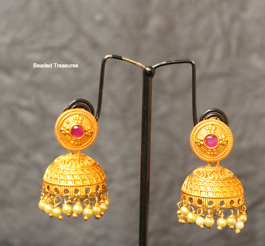 Matte Gold Finish Jhumka Earrings with Ruby Accent & Pearls - Beaded Treasures