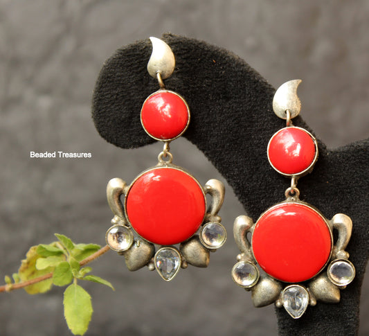 Sterling Silver Red Coral & CZ Dangle Earrings - Beaded Treasures