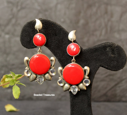 Sterling Silver Red Coral & CZ Dangle Earrings - Beaded Treasures