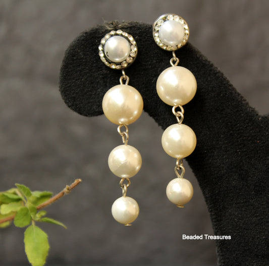 Elegant Gold Finish Pearl Drop Dangle Earrings with Crystal Accents - Beaded Treasures