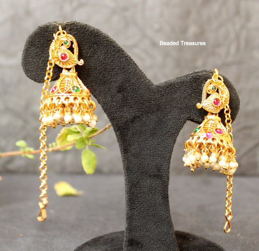 Antique Peacock Jhumka Earrings with Kemp, Emerald, Pearls & Sahare Chain - Beaded Treasures