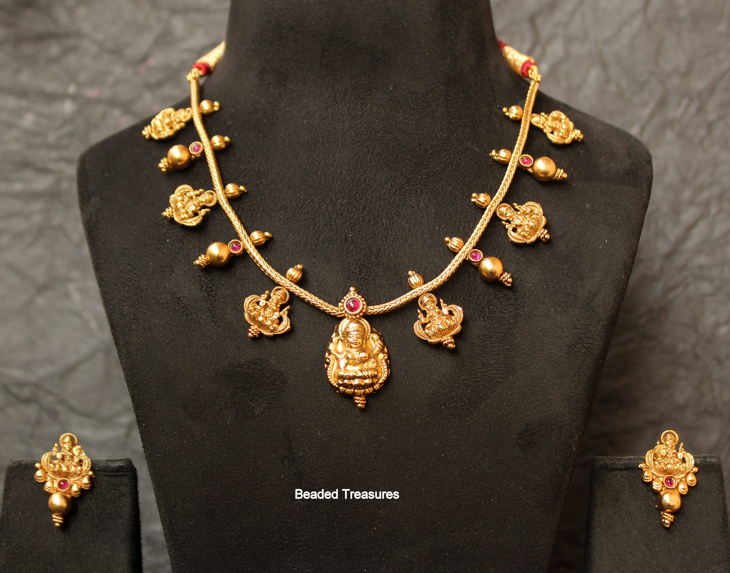Elegant Matte Gold Finish Lakshmi Devi Necklace Set with Earrings - Beaded Treasures