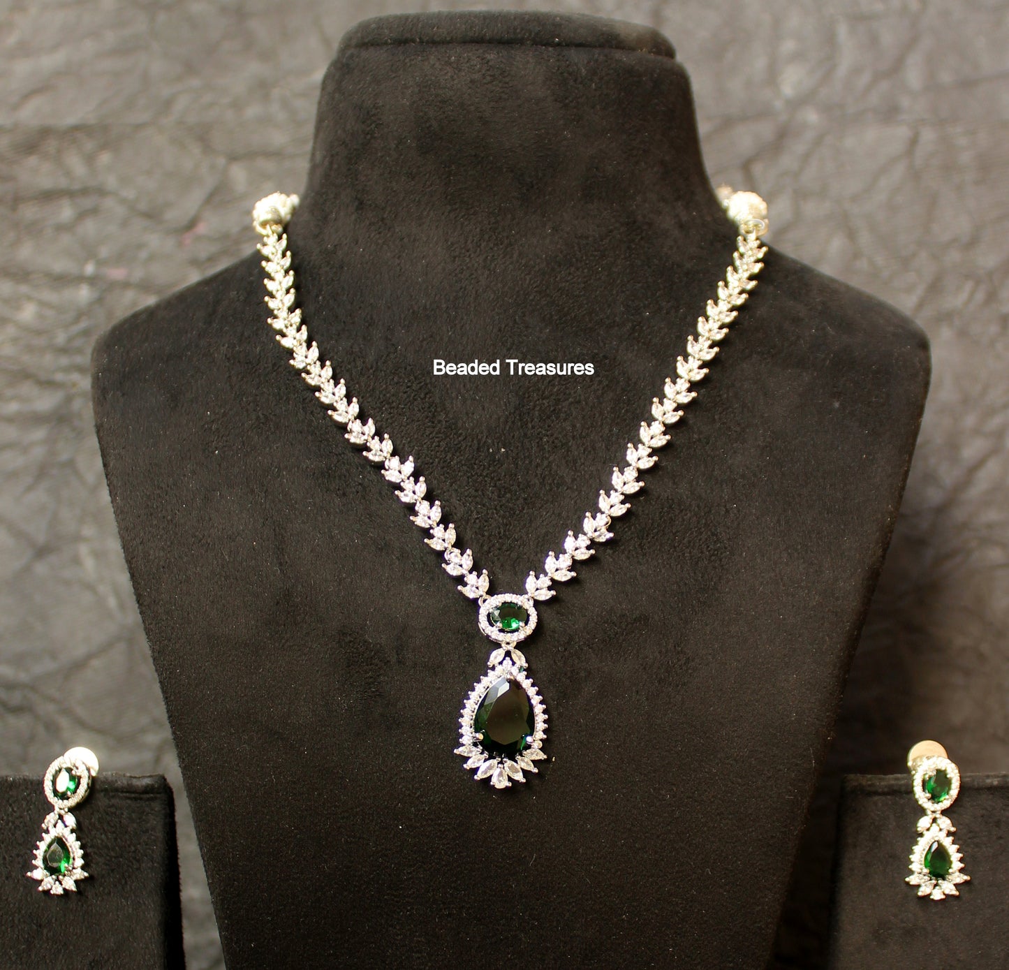 Elegant White Stone AD Necklace Set with Emerald Green Pendant & Earrings - Beaded Treasures