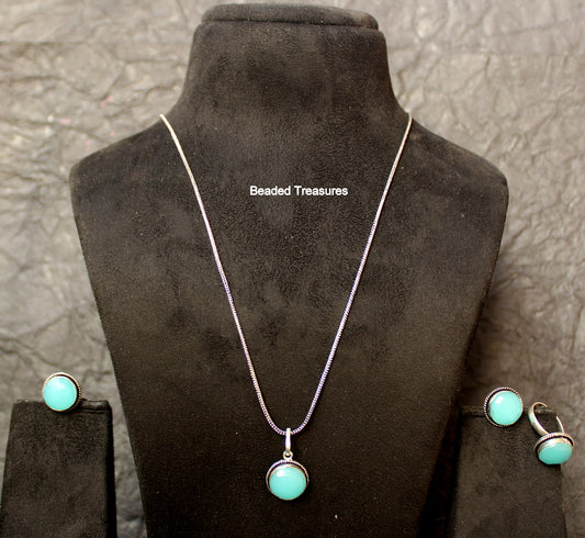 Sterling Silver Larimar Pendant Necklace Set with Earrings & Ring - Beaded Treasures