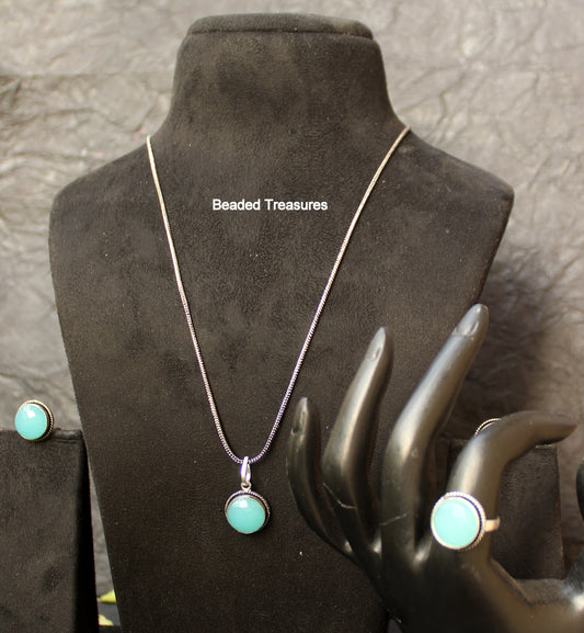 Sterling Silver Larimar Pendant Necklace Set with Earrings & Ring - Beaded Treasures