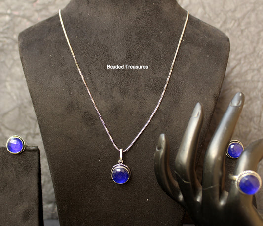 Sterling Silver Blue Moonstone Pendant Necklace Set with Earrings & Ring - Beaded Treasures