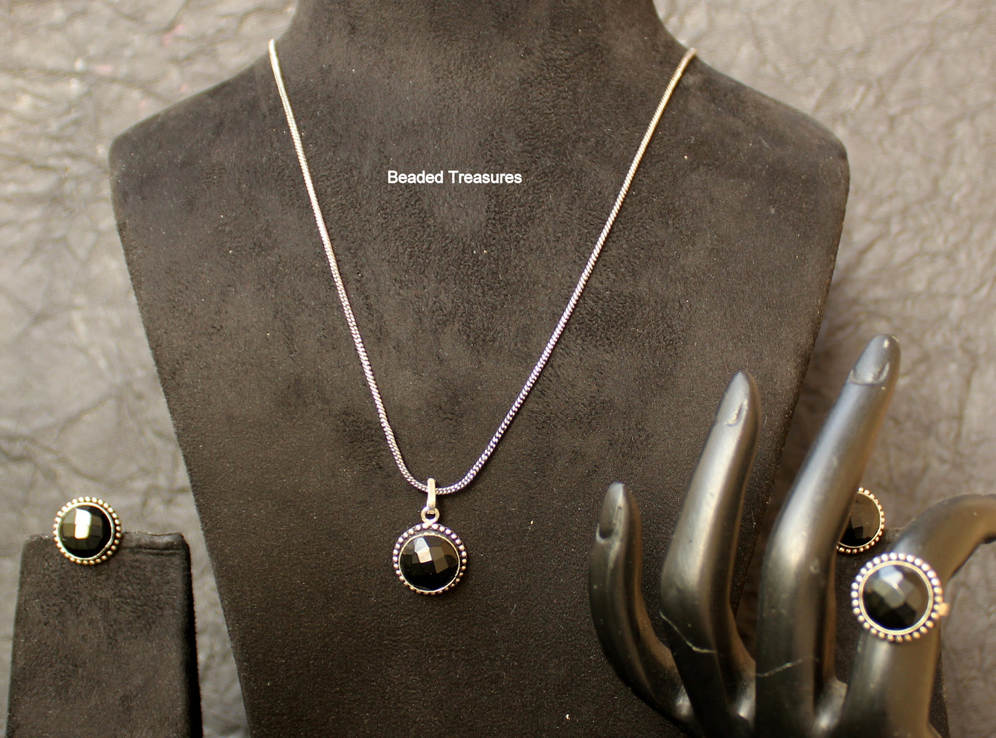 Sterling Silver Black Agate Pendant Necklace Set with Earrings & Ring - Beaded Treasures