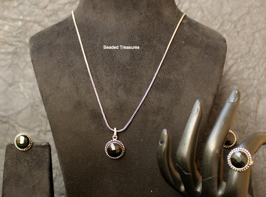 Sterling Silver Black Agate Pendant Necklace Set with Earrings & Ring - Beaded Treasures