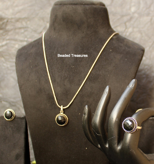 Sterling Silver Black Agate Pendant Necklace Set with Earrings & Ring - Beaded Treasures