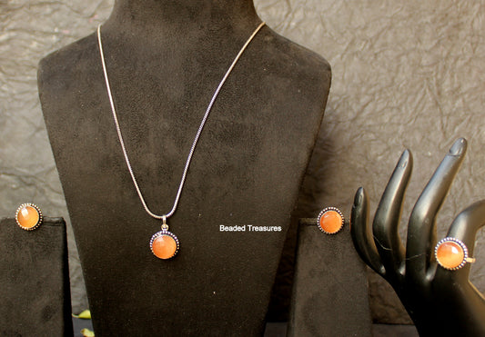 Sterling Silver Carnelian Pendant Necklace Set with Earrings & Ring - Beaded Treasures