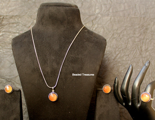 Sterling Silver Carnelian Pendant Necklace Set with Earrings & Ring - Beaded Treasures