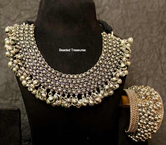 Oxidized Silver Tribal Necklace and Bracelet Set - Beaded Treasures