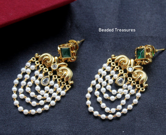 Statement Antique Gold Pearl Cascade Chandelier Earrings with Emerald Stone