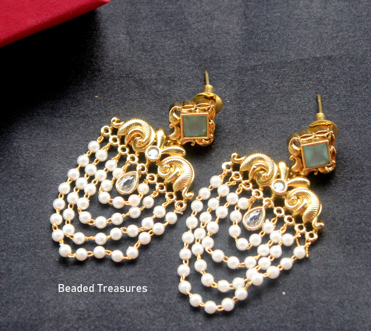 Statement Antique Gold Pearl Cascade Chandelier Earrings with Mint Stone