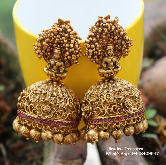 Goddess Lakshmi Big Jhumki Earrings - Beaded Treasures