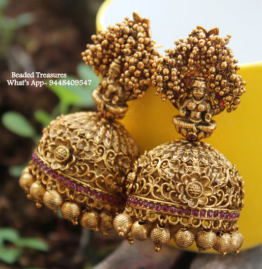 Goddess Lakshmi Big Jhumki Earrings - Beaded Treasures