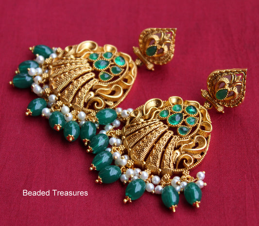 Gold Plated Earrings with Green Stone & Pearl Drops - Beaded Treasures