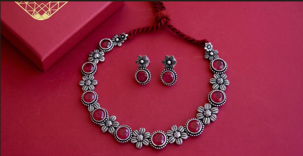 Oxidised Silver Ruby Stone Necklace Set - Beaded Treasures