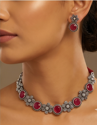 Oxidised Silver Ruby Stone Necklace Set - Beaded Treasures