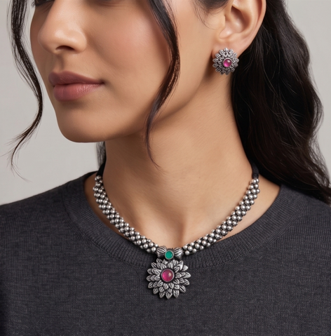 Oxidised Silver Thushi Necklace Set - Beaded Treasures