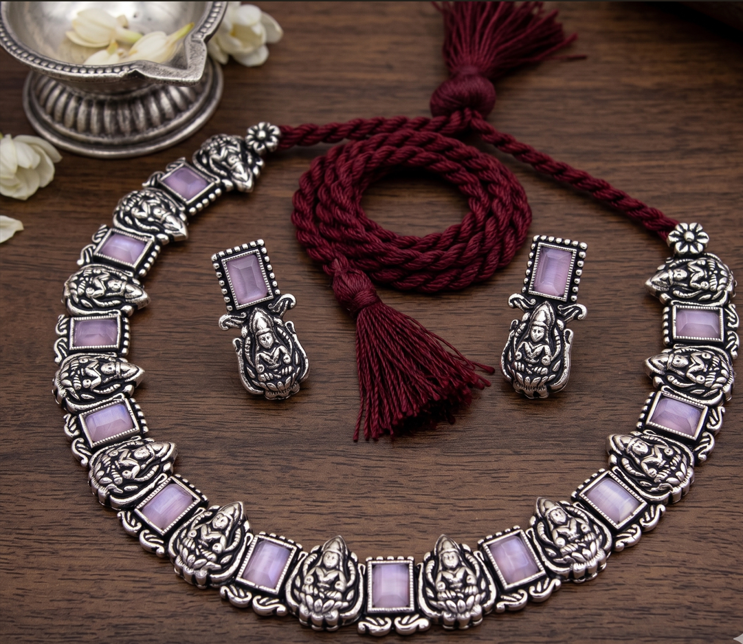 Antique Oxidised Silver Lakshmi Kasu Necklace Set - Beaded Treasures