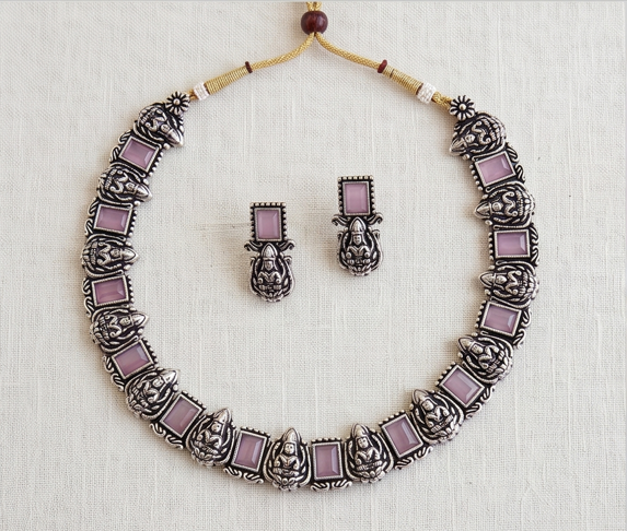 Antique Oxidised Silver Lakshmi Kasu Necklace Set - Beaded Treasures