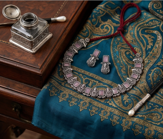 Antique Oxidised Silver Lakshmi Kasu Necklace Set - Beaded Treasures