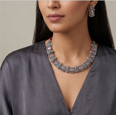 Antique Oxidised Silver Lakshmi Kasu Necklace Set - Beaded Treasures