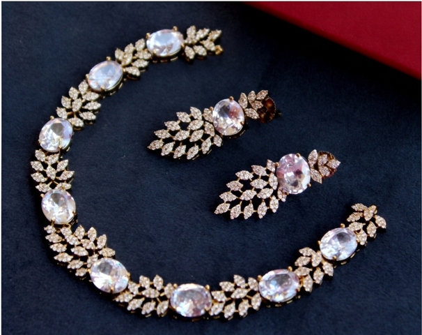American Diamond Necklace Set with Oval Stones - Beaded Treasures