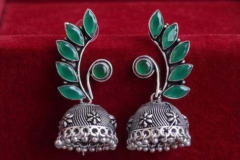 Oxidized German Silver Jhumki Earrings with Green Stones - Beaded Treasures