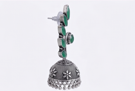 Oxidized German Silver Jhumki Earrings with Green Stones - Beaded Treasures