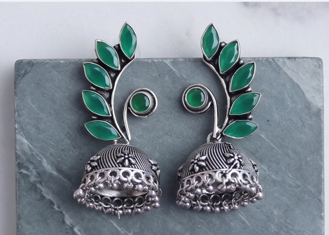 Oxidized German Silver Jhumki Earrings with Green Stones - Beaded Treasures