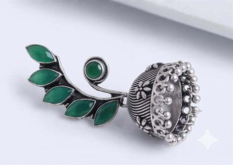 Oxidized German Silver Jhumki Earrings with Green Stones - Beaded Treasures