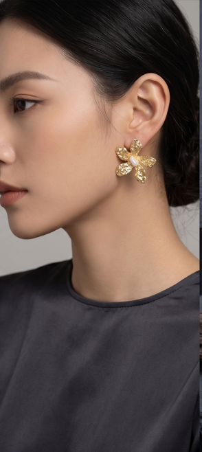 Gold-Tone Textured Flower Stud Earrings with Pearl Accents - Beaded Treasures