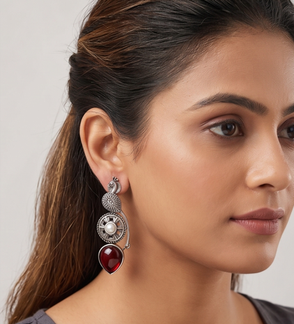 Oxidized Silver Dangler Earrings with Garnet Accents - Beaded Treasures