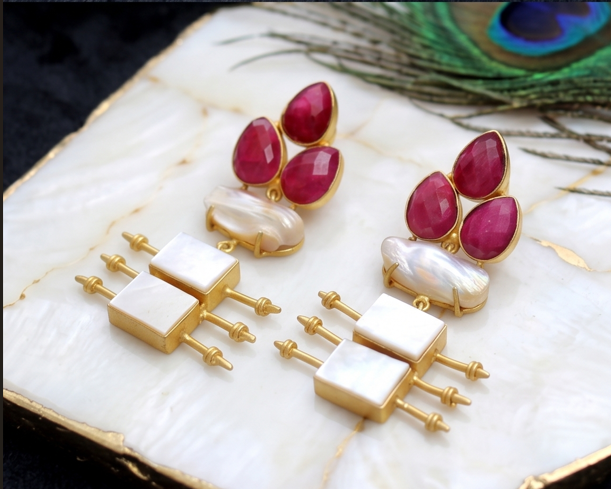 Gemstone & Mother of Pearl Dangler Earrings - Beaded Treasures
