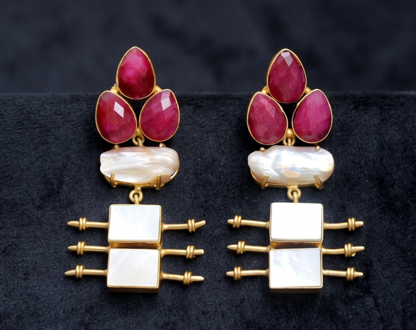 Gemstone & Mother of Pearl Dangler Earrings - Beaded Treasures